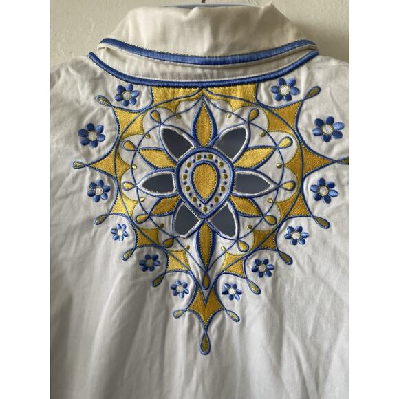 Bob Mackie Wearable Art Jacket 1X White Cut Out Embroidered Full Zip Blue Yellow - Picture 2 of 8